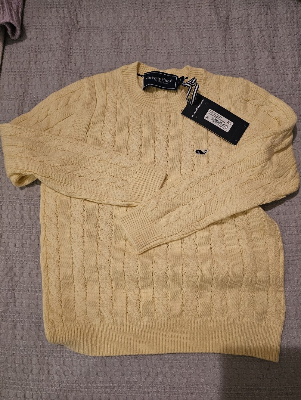 Vineyard Vines Boy's Pale Yellow Cable Knit Crewneck Sweater